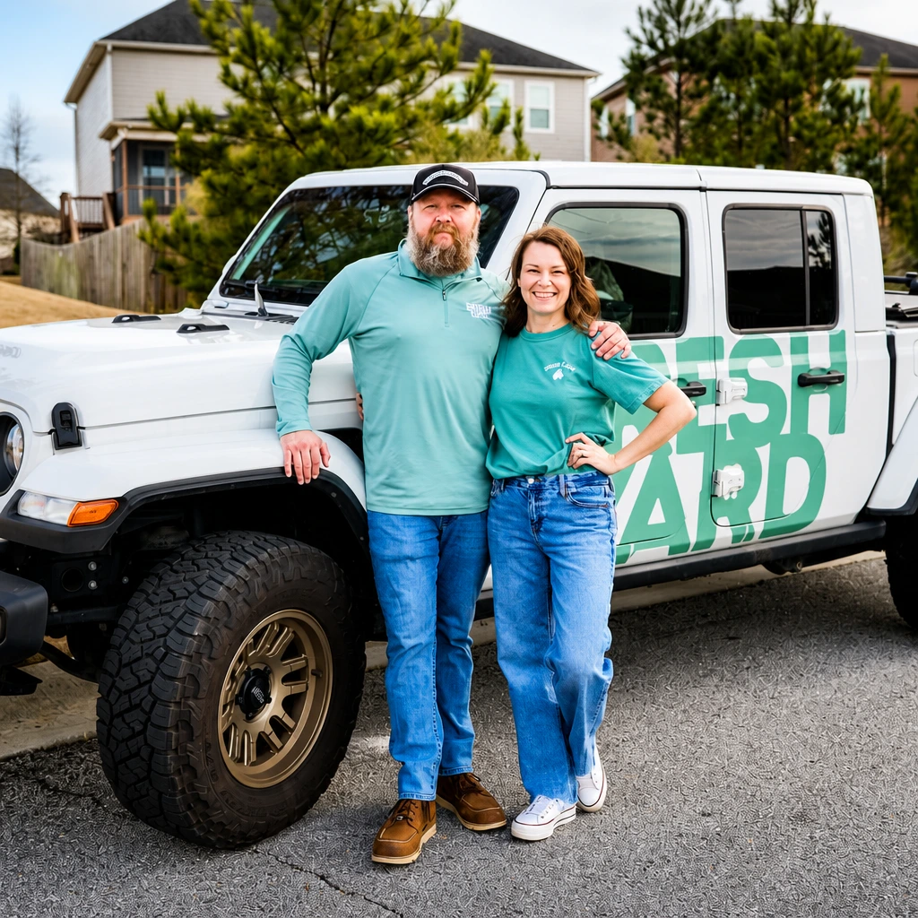 Nate Dowd and Aubrey standing in front of Nate's white Fresh Yard-branded pickup truck in an Augusta-area neighborhood.